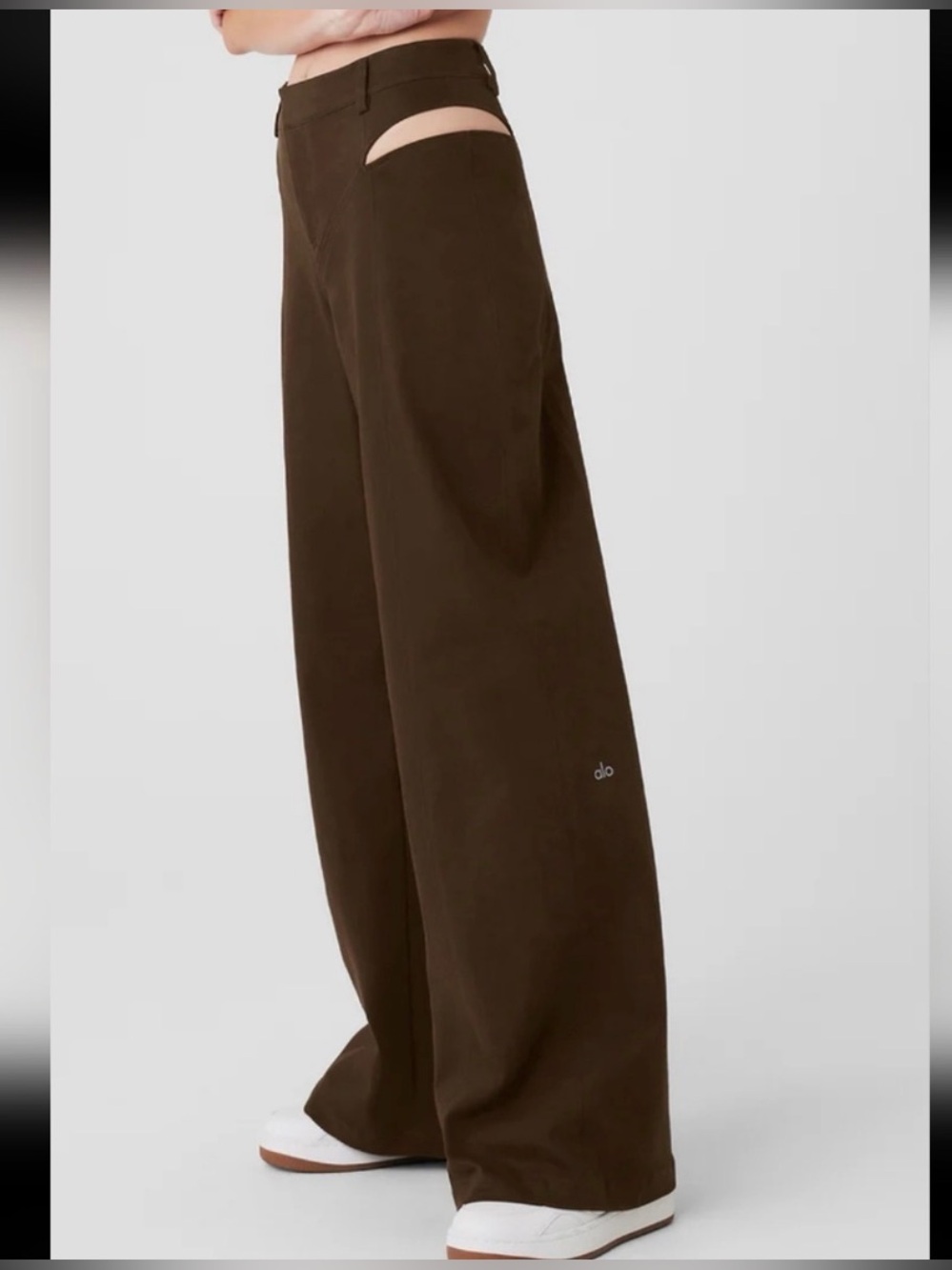 ALO Yoga Wide-Leg Cutout Pants - Brown with slits around belt line. Size small